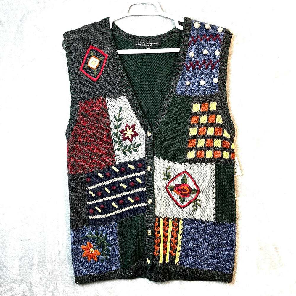 Womens Sweater Vest Size‎ Large Embroidered Floral Bobble Art to Wear Teacher